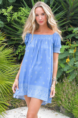 JAASE - Zayli Mini Dress: Lace Trim Neckline Shift Dress with Short Puff Sleeves in Azure Sky Print