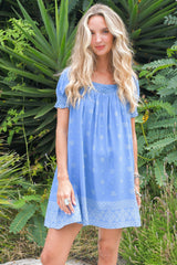 JAASE - Zayli Mini Dress: Lace Trim Neckline Shift Dress with Short Puff Sleeves in Azure Sky Print