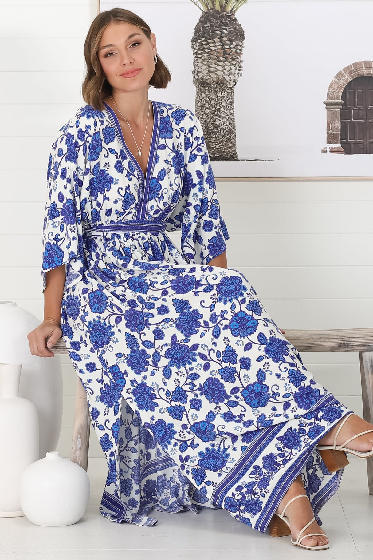 Zelle Maxi Dress - V Neck Batwing Sleeve Dress with Side Splits in Kailin Print Blue