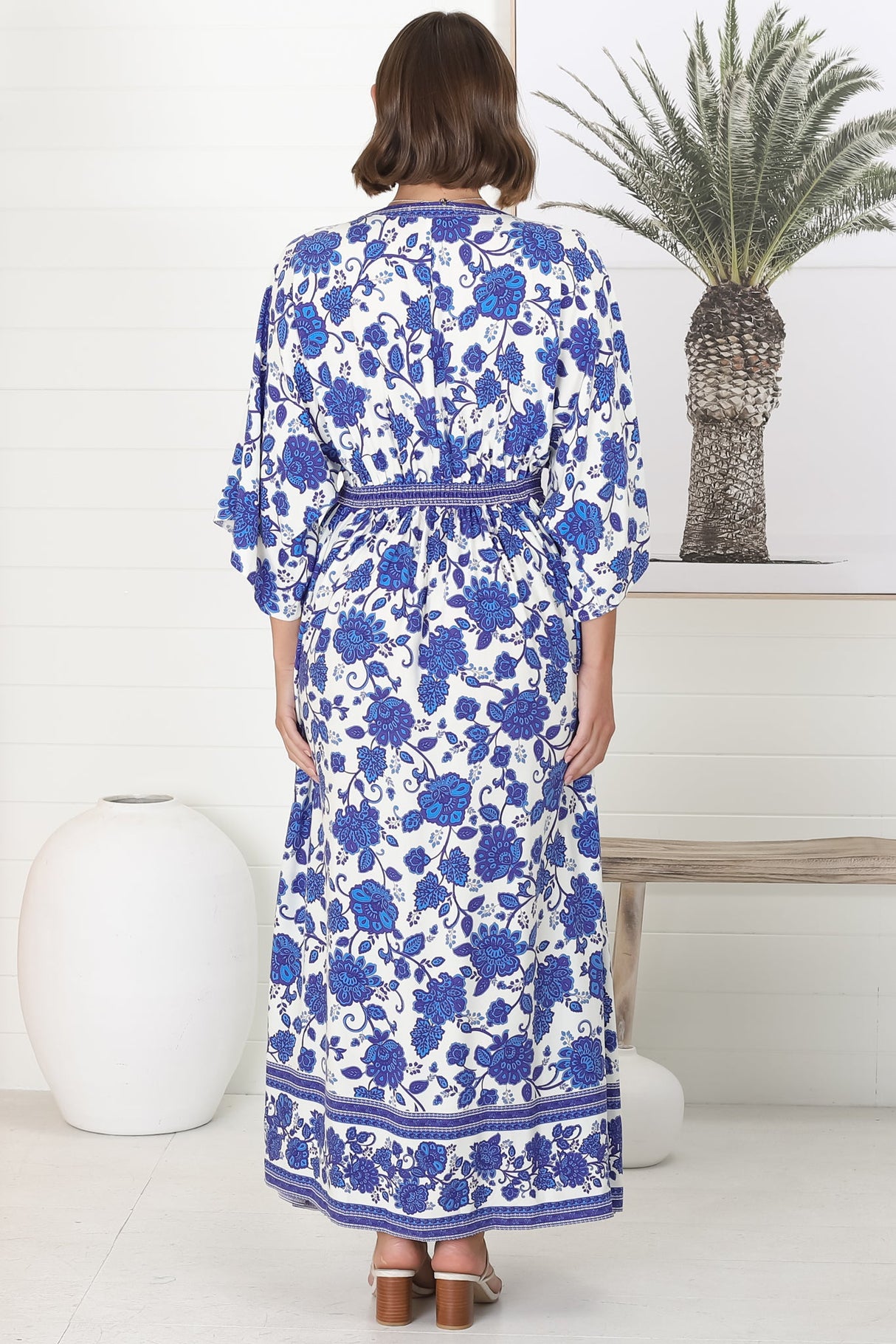 Zelle Maxi Dress - V Neck Batwing Sleeve Dress with Side Splits in Kailin Print Blue