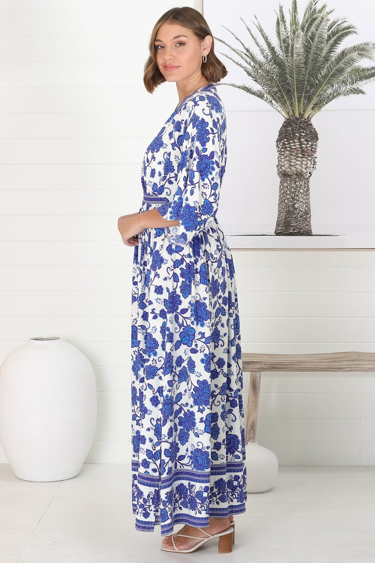 Zelle Maxi Dress - V Neck Batwing Sleeve Dress with Side Splits in Kailin Print Blue