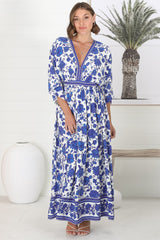 Zelle Maxi Dress - V Neck Batwing Sleeve Dress with Side Splits in Kailin Print Blue