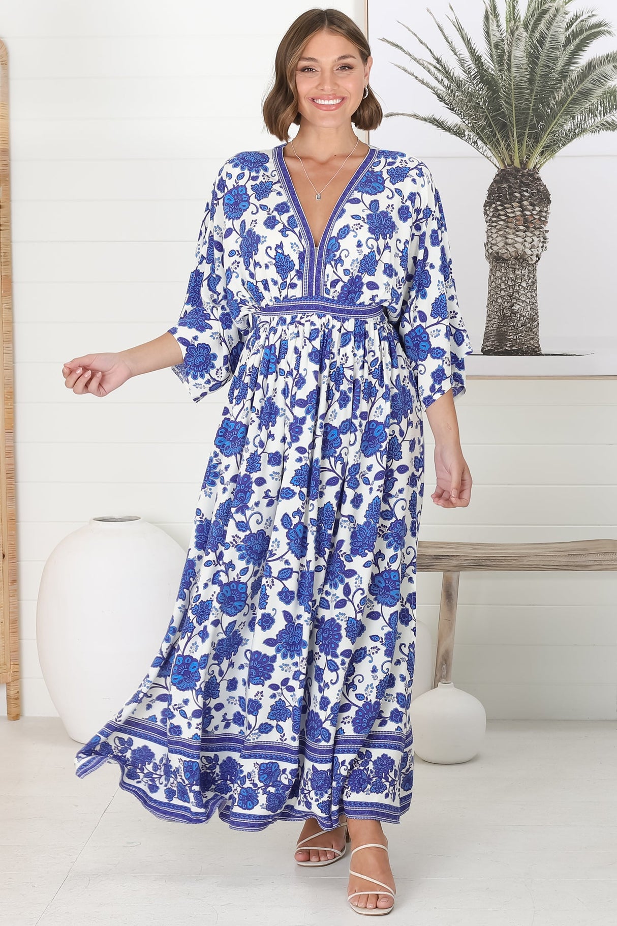 Zelle Maxi Dress - V Neck Batwing Sleeve Dress with Side Splits in Kailin Print Blue