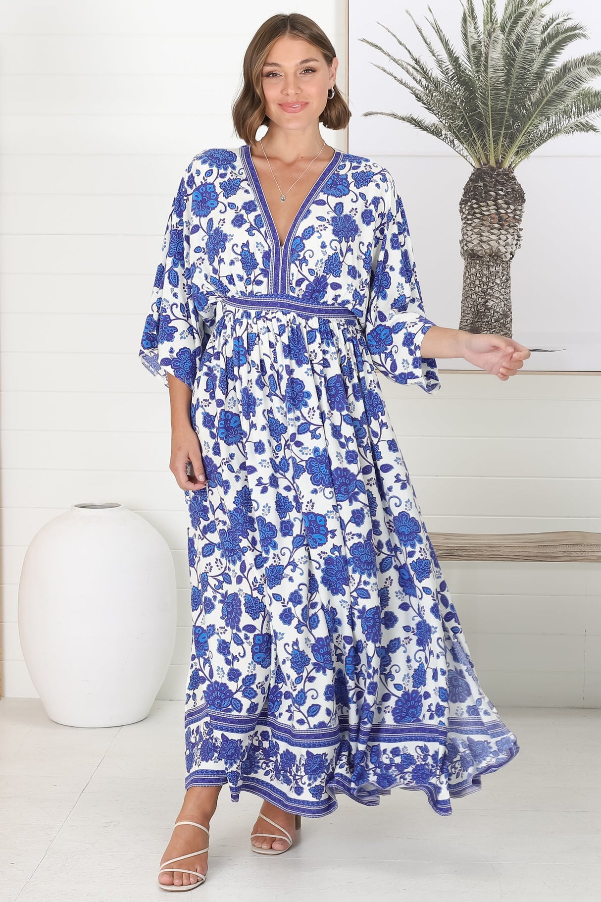 Zelle Maxi Dress - V Neck Batwing Sleeve Dress with Side Splits in Kailin Print Blue