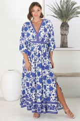 Zelle Maxi Dress - V Neck Batwing Sleeve Dress with Side Splits in Kailin Print Blue