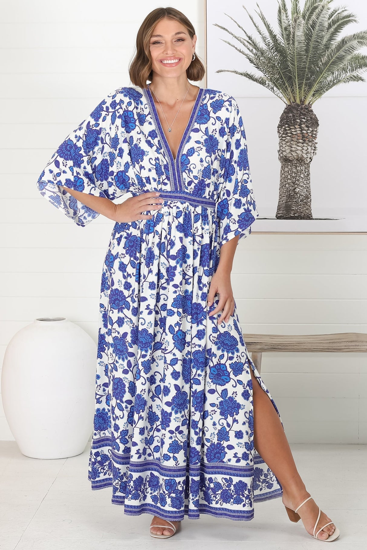 Zelle Maxi Dress - V Neck Batwing Sleeve Dress with Side Splits in Kailin Print Blue