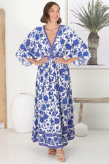 Zelle Maxi Dress - V Neck Batwing Sleeve Dress with Side Splits in Kailin Print Blue