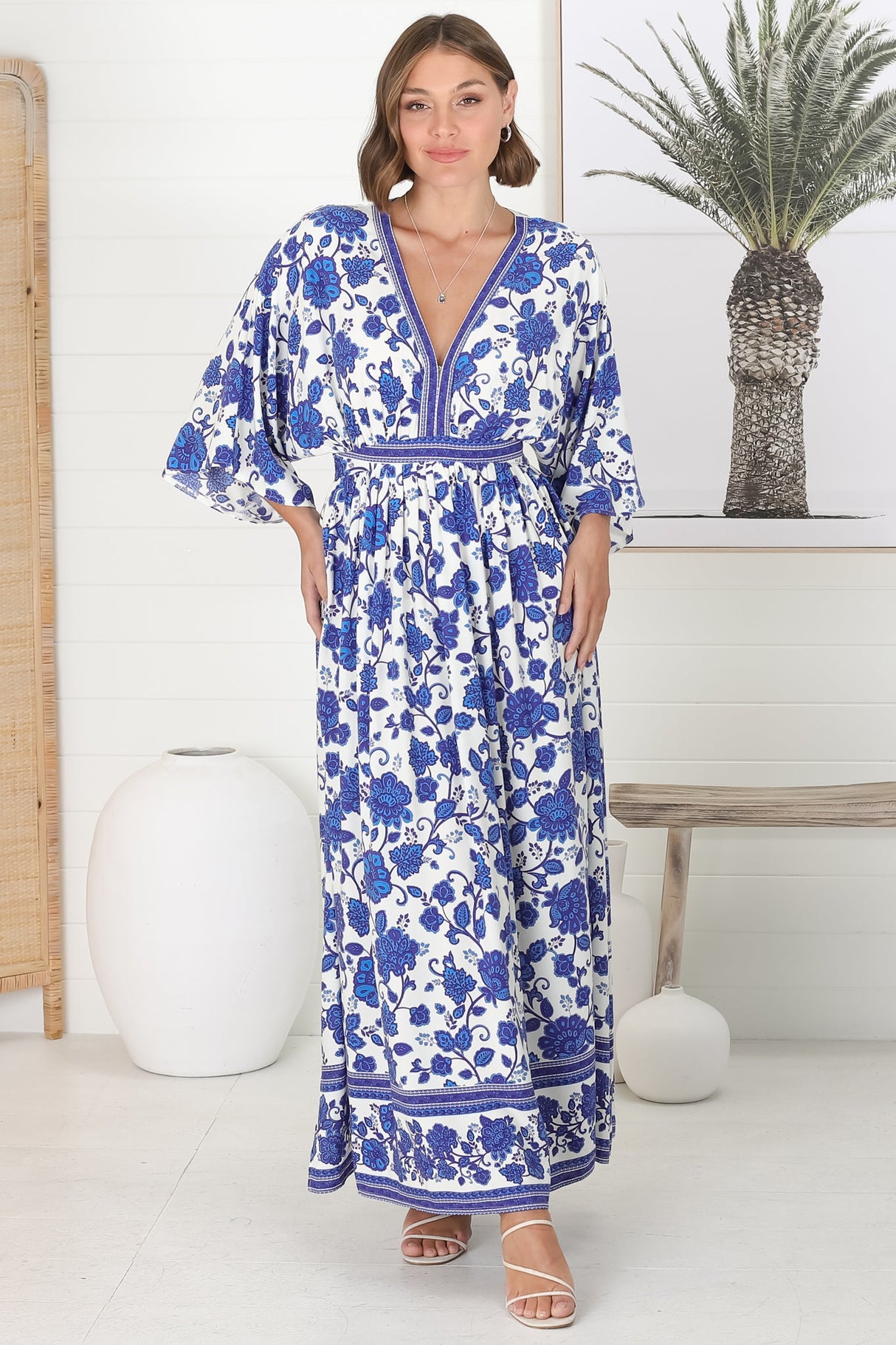 Zelle Maxi Dress - V Neck Batwing Sleeve Dress with Side Splits in Kailin Print Blue