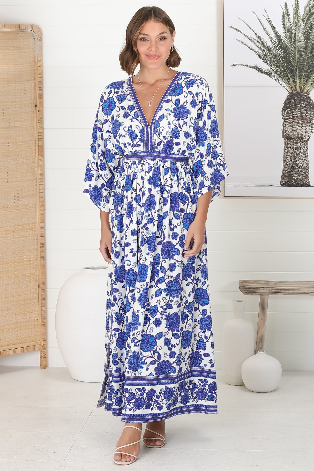 Zelle Maxi Dress - V Neck Batwing Sleeve Dress with Side Splits in Kailin Print Blue