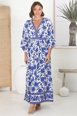 Zelle Maxi Dress - V Neck Batwing Sleeve Dress with Side Splits in Kailin Print Blue