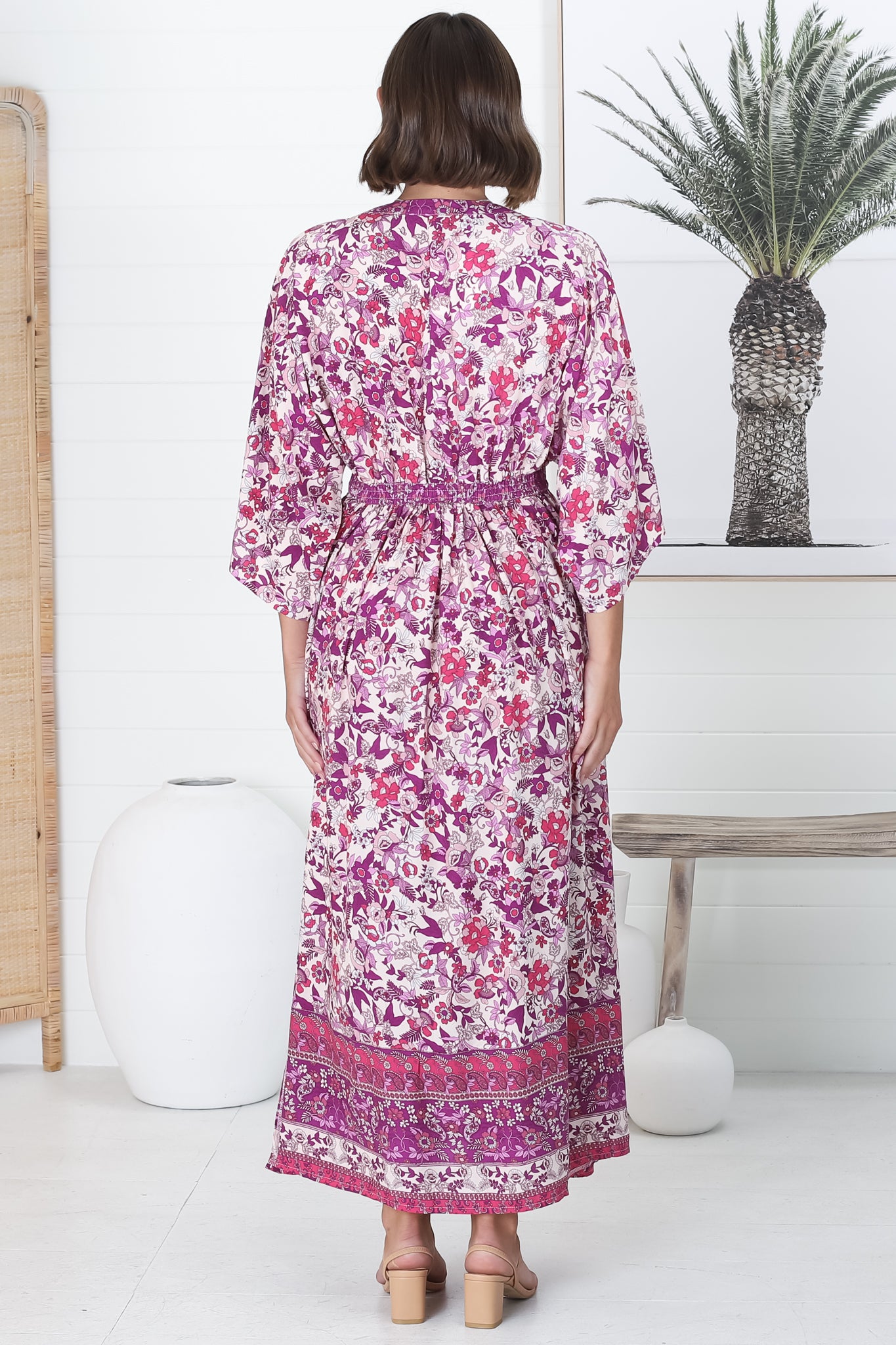 Zelle Maxi Dress - V Neck Batwing Sleeve Dress with Side Splits in Serina Print