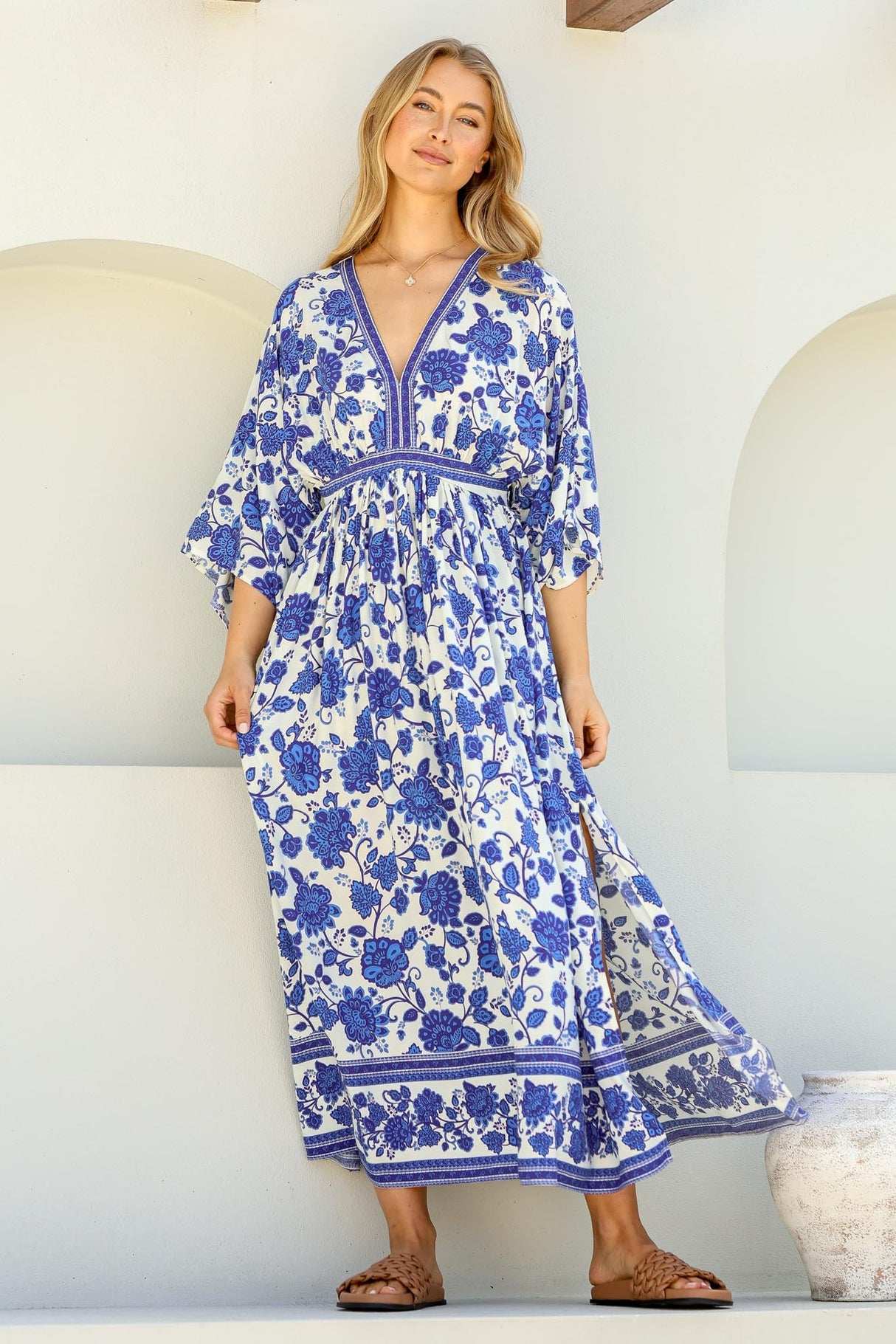 Zelle Maxi Dress - V Neck Batwing Sleeve Dress with Side Splits in Kailin Print Blue