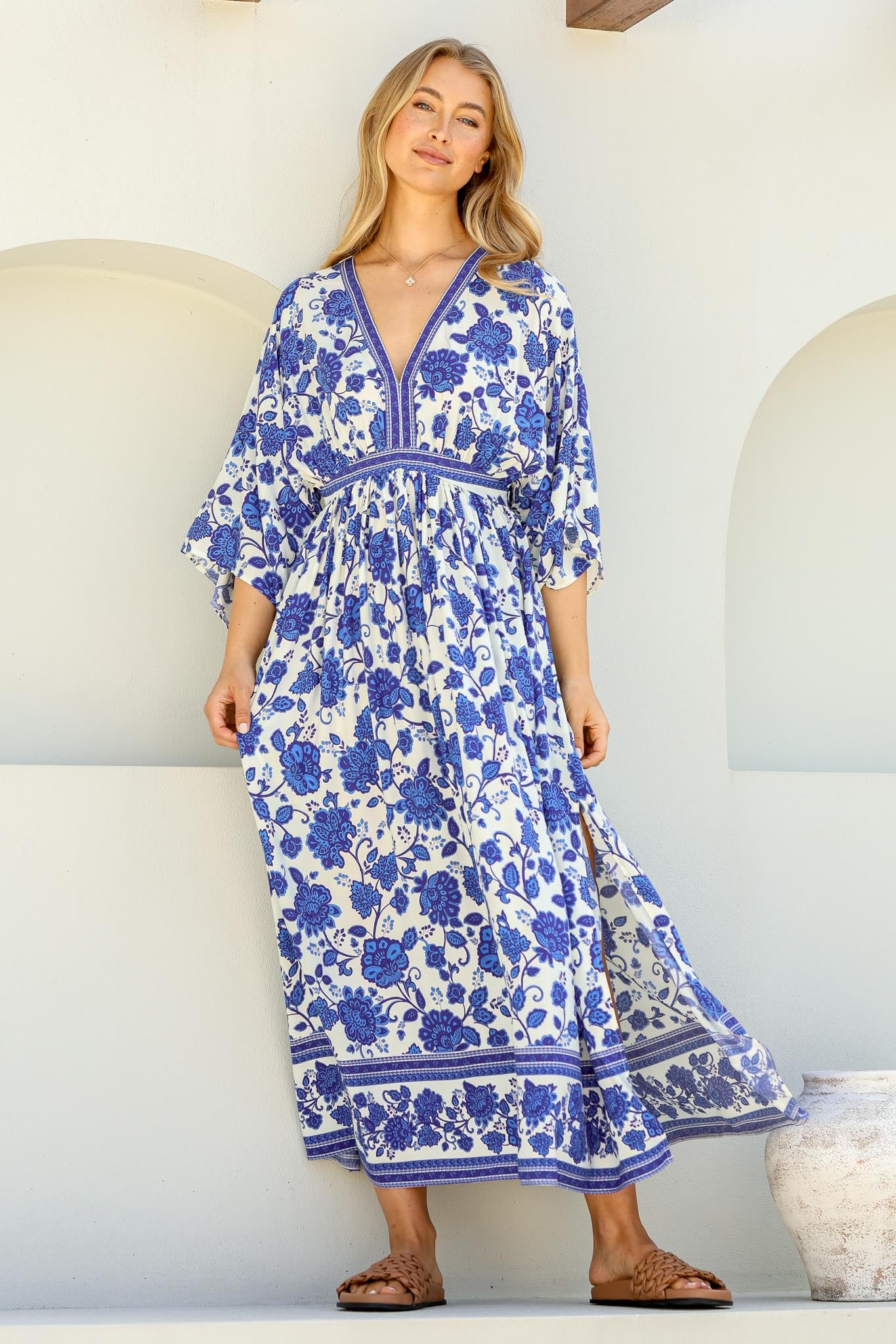 Zelle Maxi Dress - V Neck Batwing Sleeve Dress with Side Splits in Kailin Print Blue