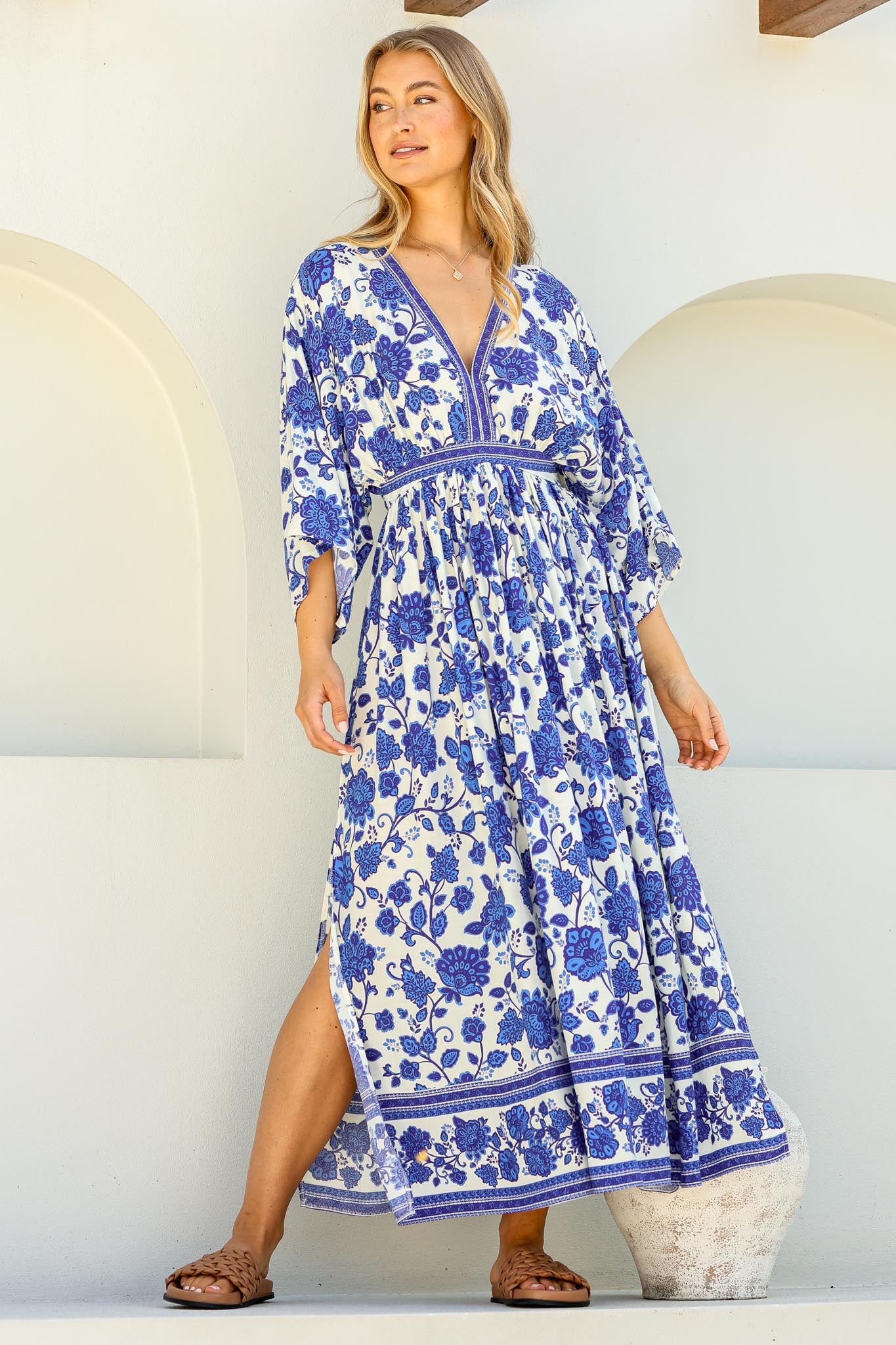 Zelle Maxi Dress - V Neck Batwing Sleeve Dress with Side Splits in Kailin Print Blue