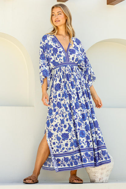 Zelle Maxi Dress - V Neck Batwing Sleeve Dress with Side Splits in Kailin Print Blue