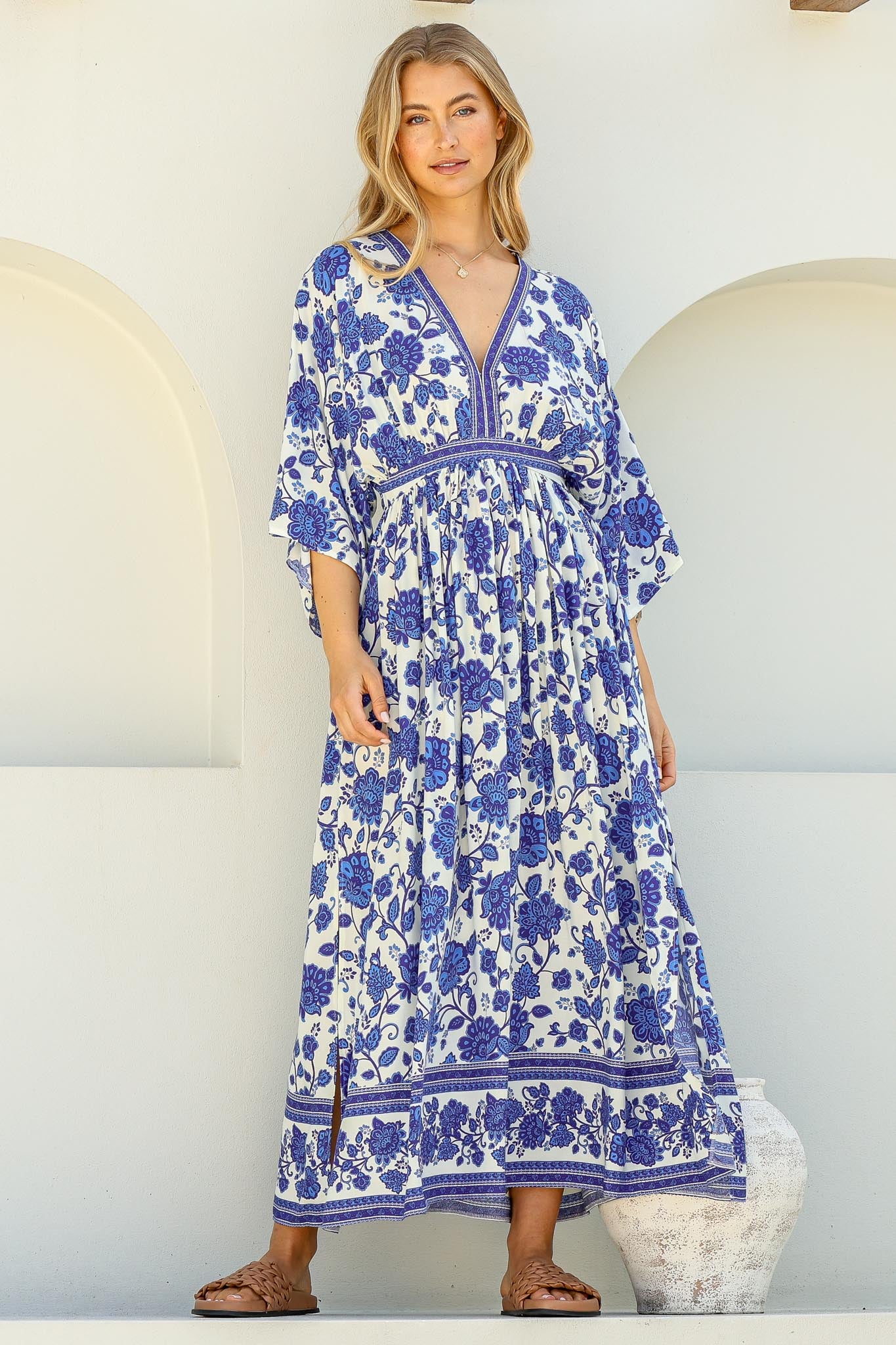 Zelle Maxi Dress - V Neck Batwing Sleeve Dress with Side Splits in Kailin Print Blue