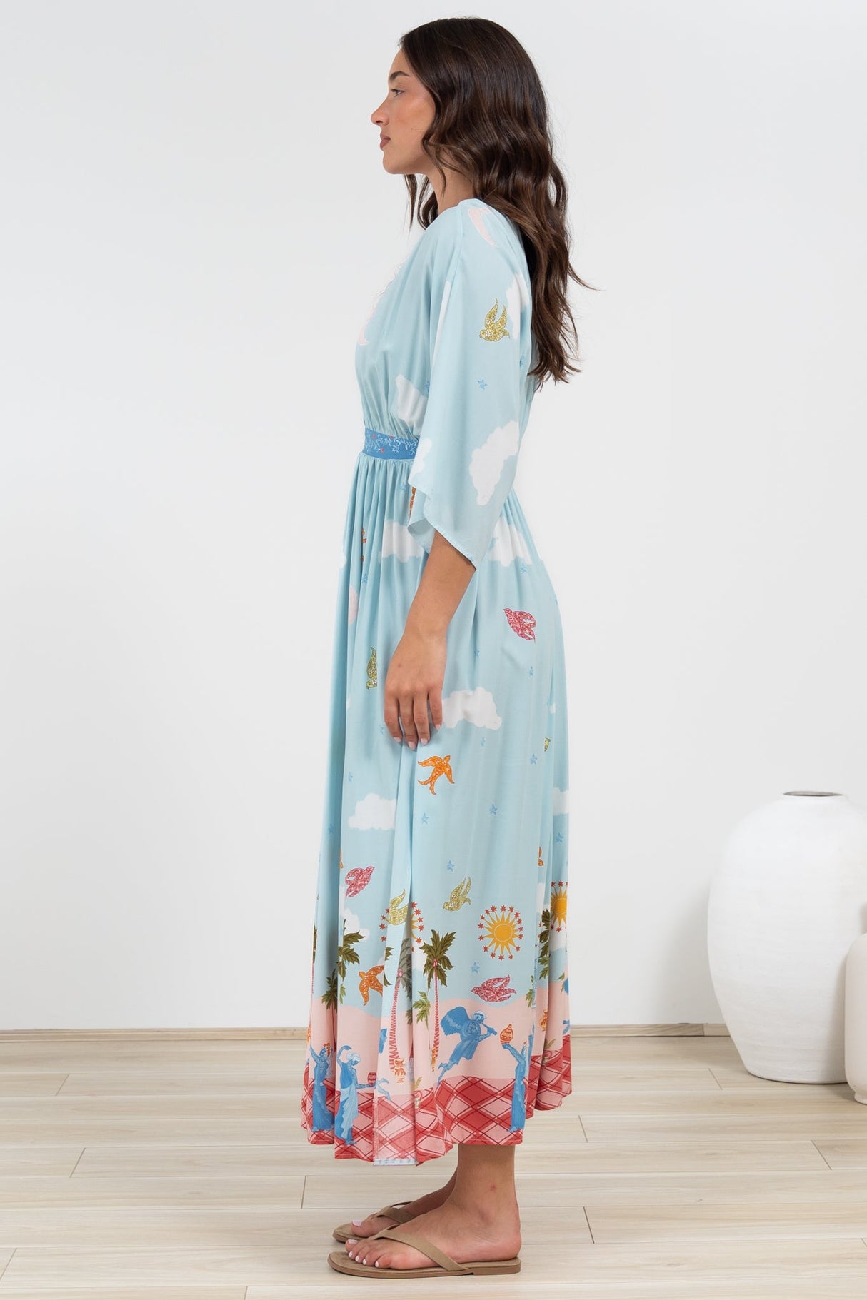 Zelle Maxi Dress - V Neck Batwing Sleeve Dress with Side Splits in Staria Print