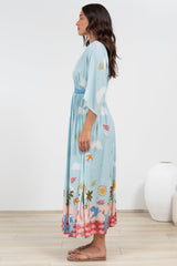 Zelle Maxi Dress - V Neck Batwing Sleeve Dress with Side Splits in Staria Print