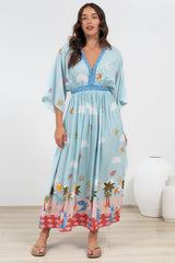 Zelle Maxi Dress - V Neck Batwing Sleeve Dress with Side Splits in Staria Print