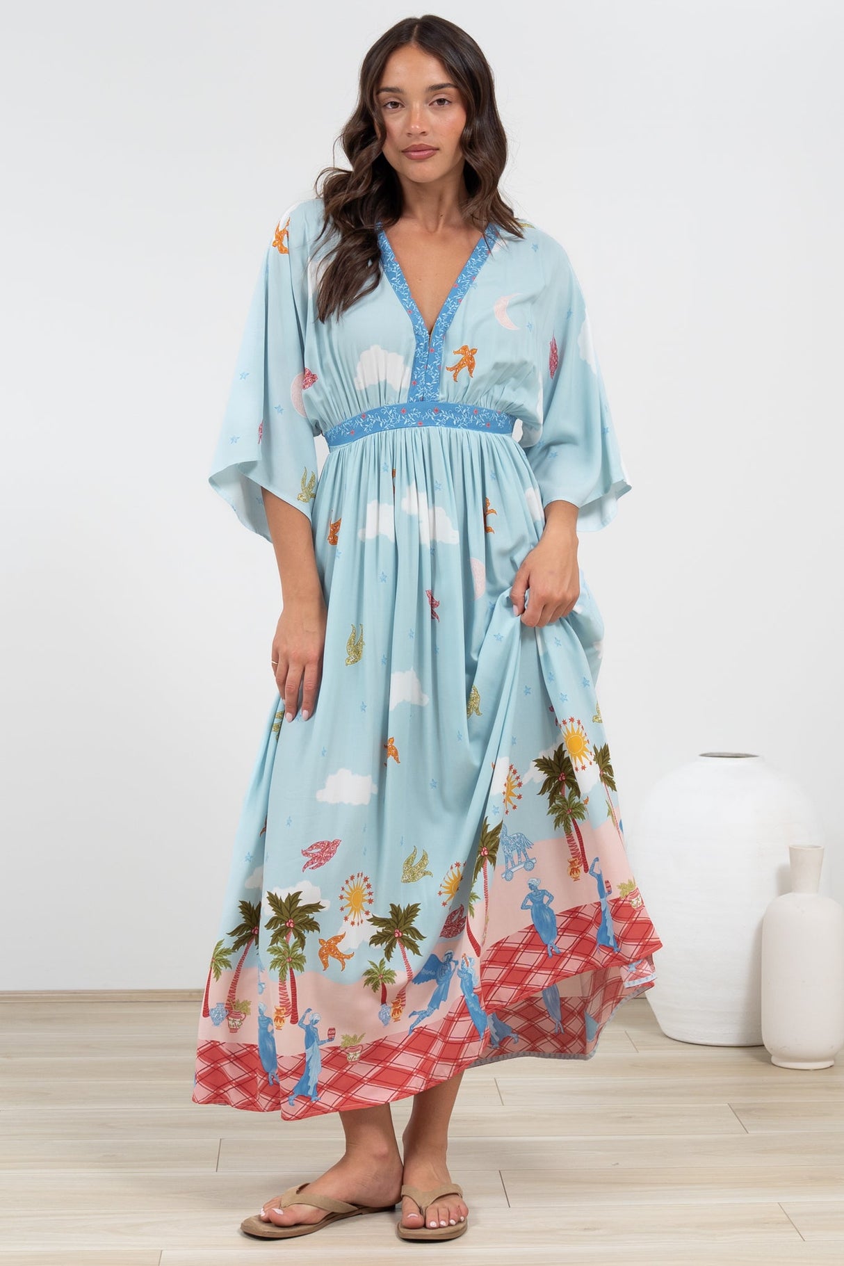Zelle Maxi Dress - V Neck Batwing Sleeve Dress with Side Splits in Staria Print