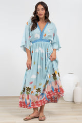 Zelle Maxi Dress - V Neck Batwing Sleeve Dress with Side Splits in Staria Print