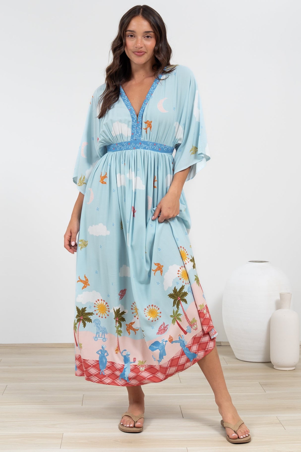 Zelle Maxi Dress - V Neck Batwing Sleeve Dress with Side Splits in Staria Print