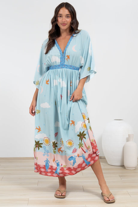 Zelle Maxi Dress - V Neck Batwing Sleeve Dress with Side Splits in Staria Print