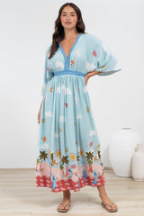 Zelle Maxi Dress - V Neck Batwing Sleeve Dress with Side Splits in Staria Print