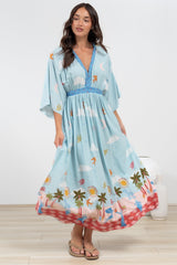 Zelle Maxi Dress - V Neck Batwing Sleeve Dress with Side Splits in Staria Print