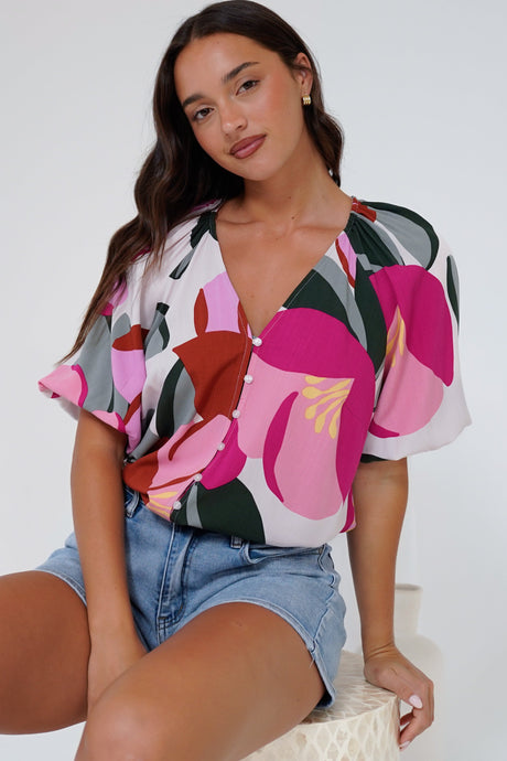 Zera Blouse - V Neck Button Down Blouse with 3/4 Sleeves in Perdita Print