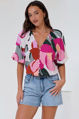 Zera Blouse - V Neck Button Down Blouse with 3/4 Sleeves in Perdita Print