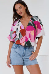 Zera Blouse - V Neck Button Down Blouse with 3/4 Sleeves in Perdita Print