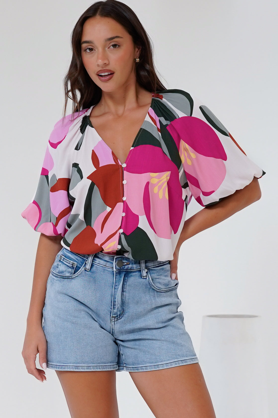 Zera Blouse - V Neck Button Down Blouse with 3/4 Sleeves in Perdita Print