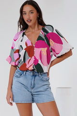 Zera Blouse - V Neck Button Down Blouse with 3/4 Sleeves in Perdita Print