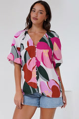 Zera Blouse - V Neck Button Down Blouse with 3/4 Sleeves in Perdita Print