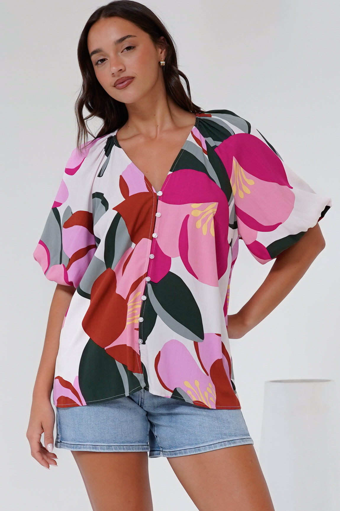 Zera Blouse - V Neck Button Down Blouse with 3/4 Sleeves in Perdita Print