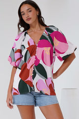 Zera Blouse - V Neck Button Down Blouse with 3/4 Sleeves in Perdita Print