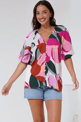 Zera Blouse - V Neck Button Down Blouse with 3/4 Sleeves in Perdita Print