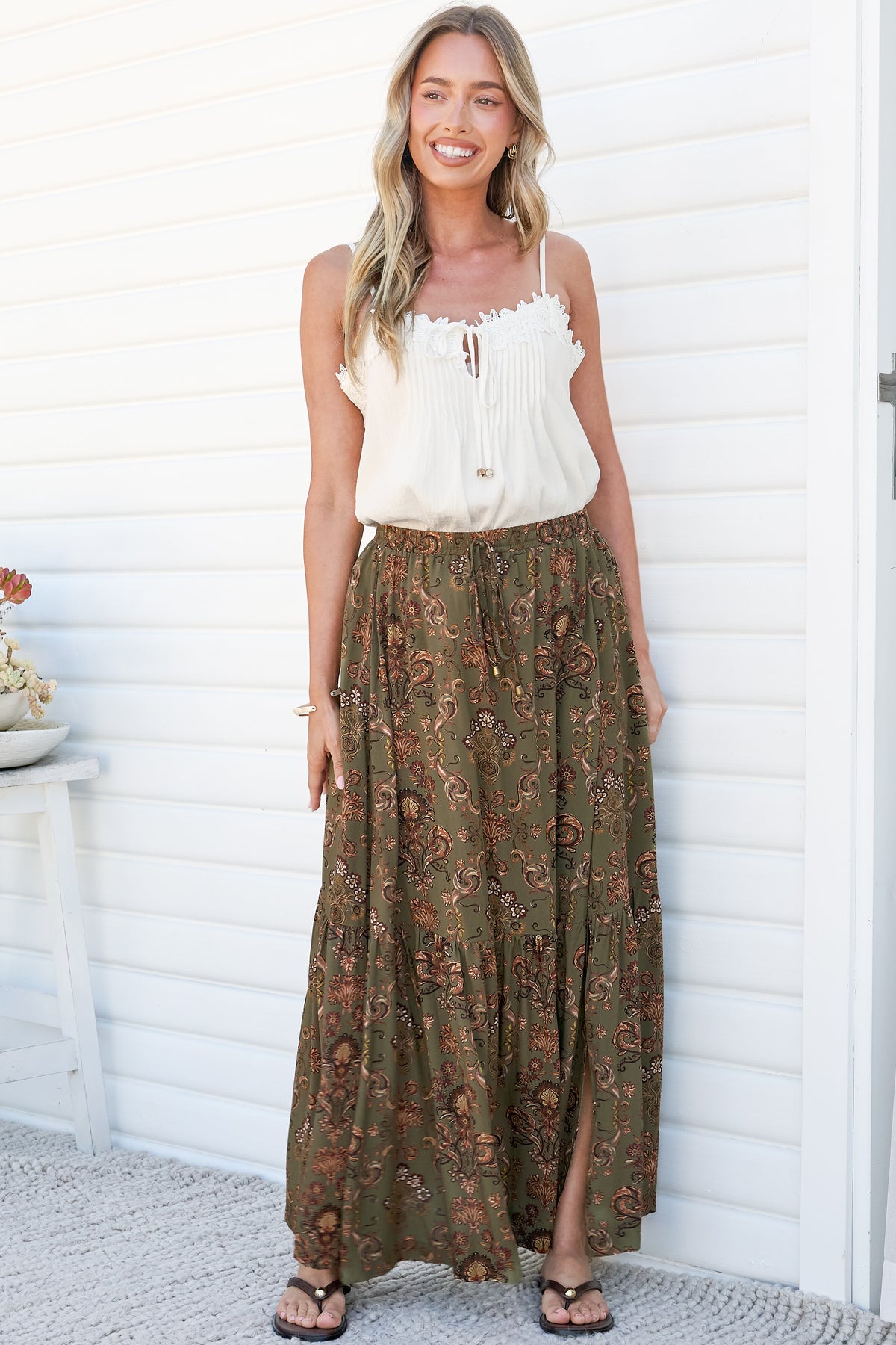 Zia Maxi Skirt - High Waisted Skirt with Tassel Waist Tie and Front Splits in Amani Print