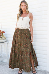 Zia Maxi Skirt - High Waisted Skirt with Tassel Waist Tie and Front Splits in Amani Print