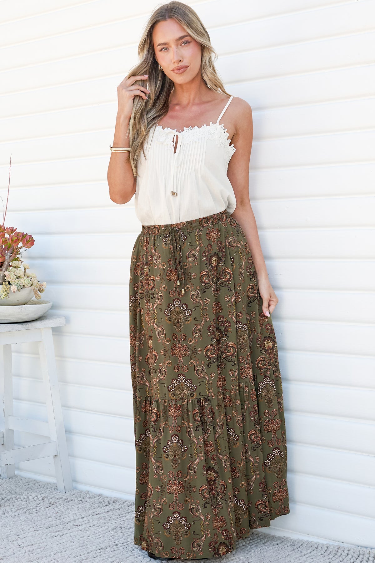 Zia Maxi Skirt - High Waisted Skirt with Tassel Waist Tie and Front Splits in Amani Print