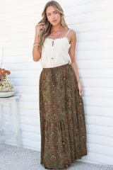 Zia Maxi Skirt - High Waisted Skirt with Tassel Waist Tie and Front Splits in Amani Print