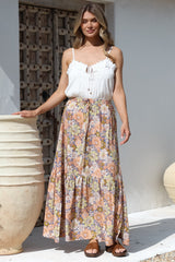 Zia Maxi Skirt - High Waisted Skirt with Tassel Waist Tie and Front Splits in Avianna Print