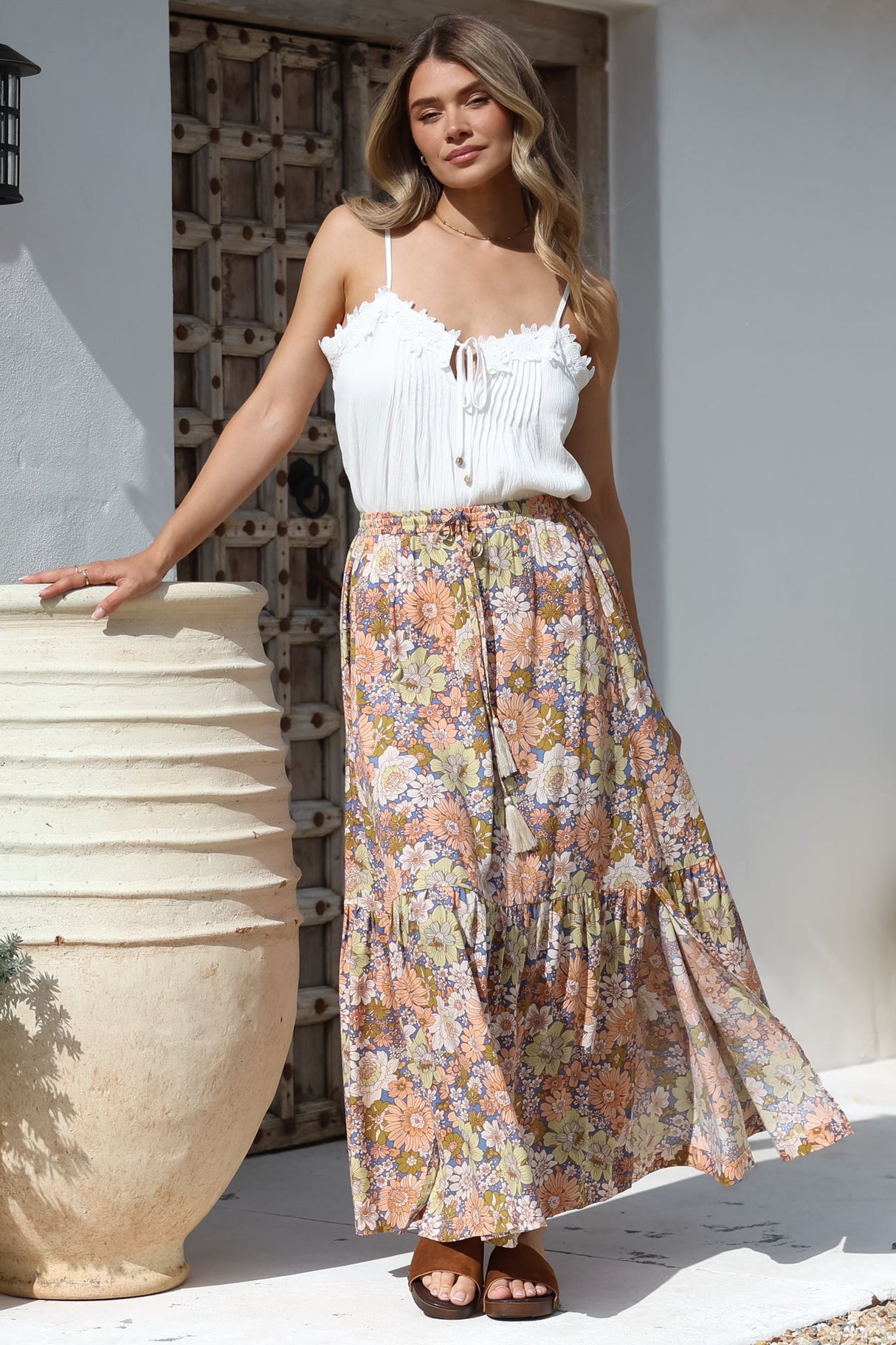 Zia Maxi Skirt - High Waisted Skirt with Tassel Waist Tie and Front Splits in Avianna Print