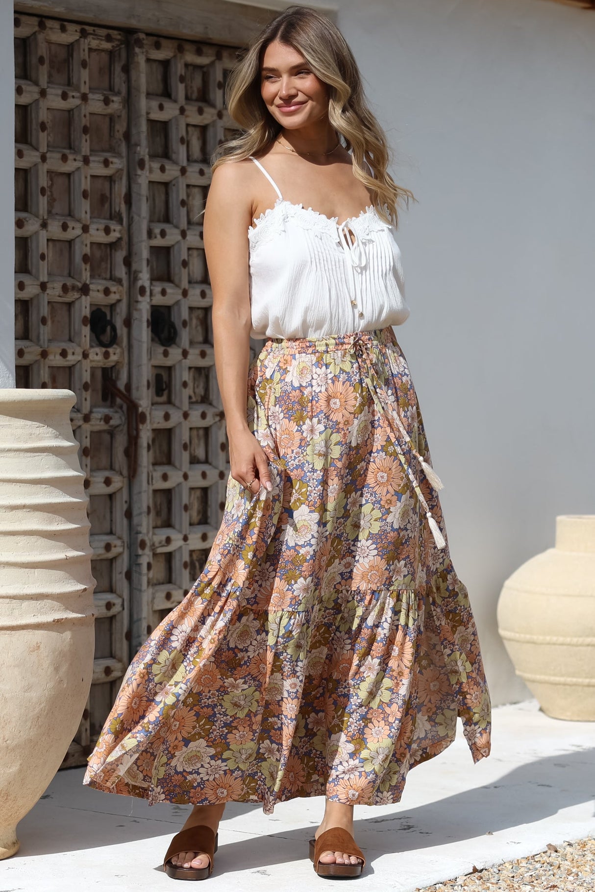 Zia Maxi Skirt - High Waisted Skirt with Tassel Waist Tie and Front Splits in Avianna Print