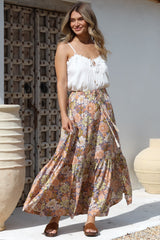 Zia Maxi Skirt - High Waisted Skirt with Tassel Waist Tie and Front Splits in Avianna Print