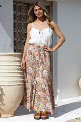 Zia Maxi Skirt - High Waisted Skirt with Tassel Waist Tie and Front Splits in Avianna Print