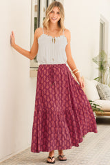 Zia Maxi Skirt - High Waisted Skirt with Tassel Waist Tie and Front Splits in Azaria Print Burgundy