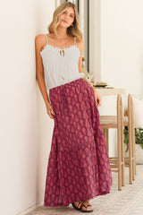 Zia Maxi Skirt - High Waisted Skirt with Tassel Waist Tie and Front Splits in Azaria Print Burgundy