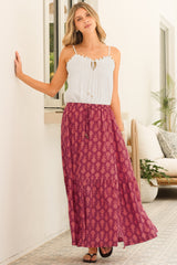 Zia Maxi Skirt - High Waisted Skirt with Tassel Waist Tie and Front Splits in Azaria Print Burgundy